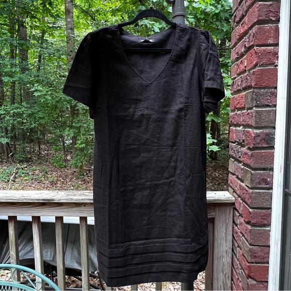 NWT Nicole Miller Black V-Neck Short Flutter Sleeve Linen Blend Dress Sz L - Picture 6 of 10